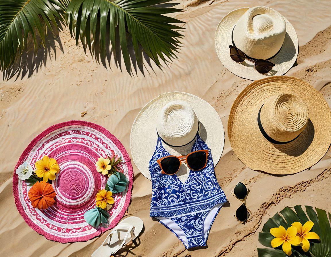 A stunning display of diverse bikinis arranged artfully on a sunlit beach, showcasing a variety of colors and patterns that evoke a sense of luxury and style. Gentle waves lap at the shore in the background, while vibrant tropical flowers accentuate the scene. Include a stylish sunhat and sunglasses to enhance the beach vibe. Capture the feeling of affordable luxury and summer bliss. vibrant colors. super-realistic.